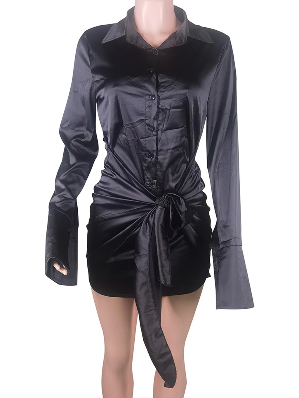Sexy summer women's casual dresses black mini satin shirt dress woman elegant long sleeve birthday party evening dresses vestido