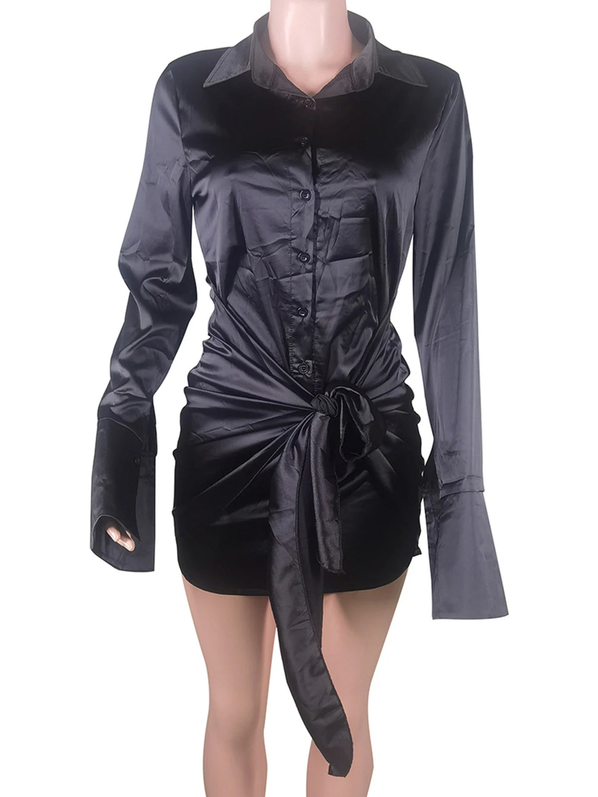 Sexy summer women's casual dresses black mini satin shirt dress woman elegant long sleeve birthday party evening dresses vestido