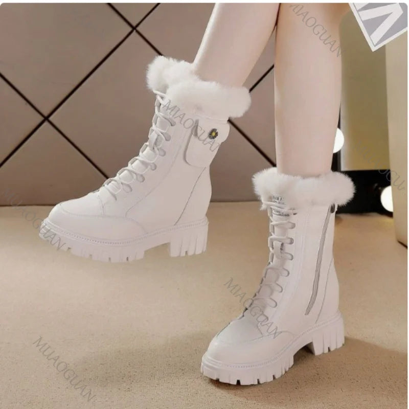 Winter Women's Retro Chunky Snow Boots Fur Platform High Heels Shoes for Women Solid Belt Buckle Warm Furry Cotton Short Botas
