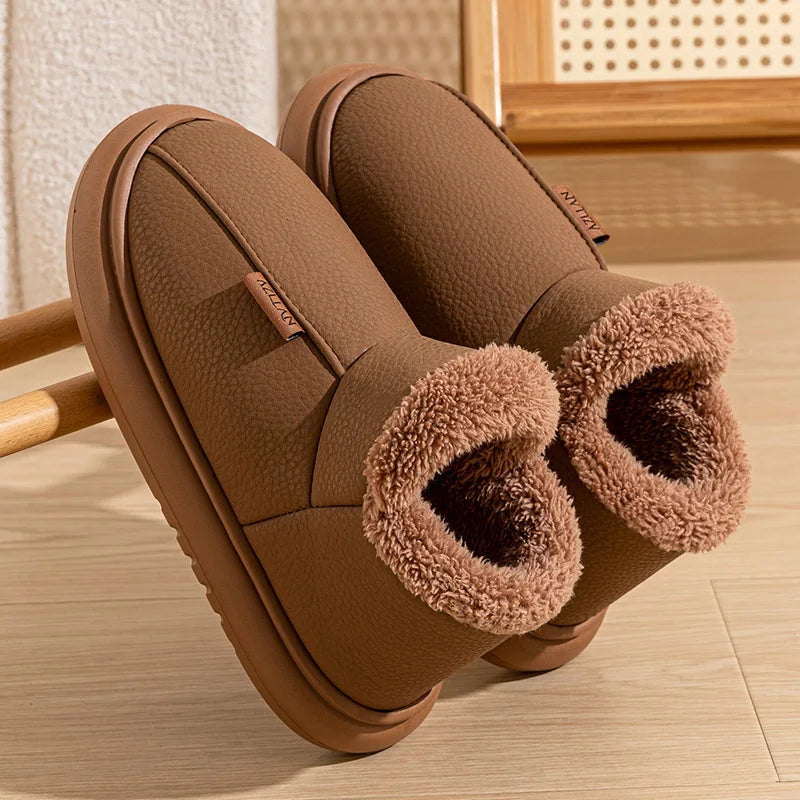 Warm Winter Snow Boots For Men Women PU Leather Waterproof House Slippers Thick Sole Fleece Lined Indoor Outdoor Couple Booties