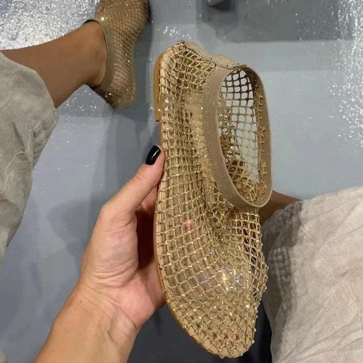 2024 New Women Luxury Brand Round Toe Flat Bottom Sandals Summer Hollow Short Boots Water Diamond Sexy Flat Bottom Shoes Sandals
