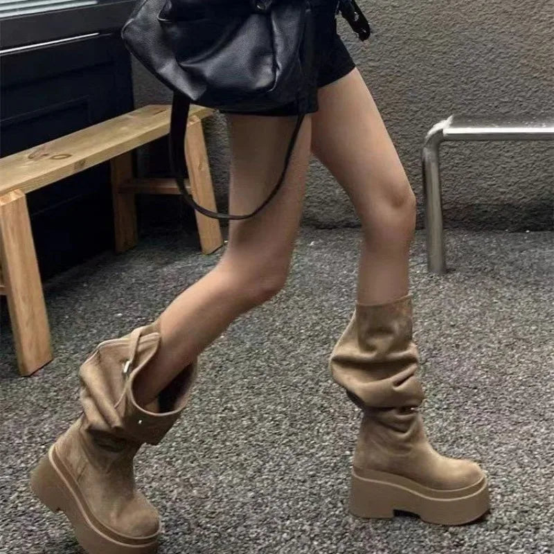 2026 Women's Fashion Thick Heels Knee High Boots Flock Slip on Western Boots Woman Spring Autumn Soft Leather Short Botas Mujer