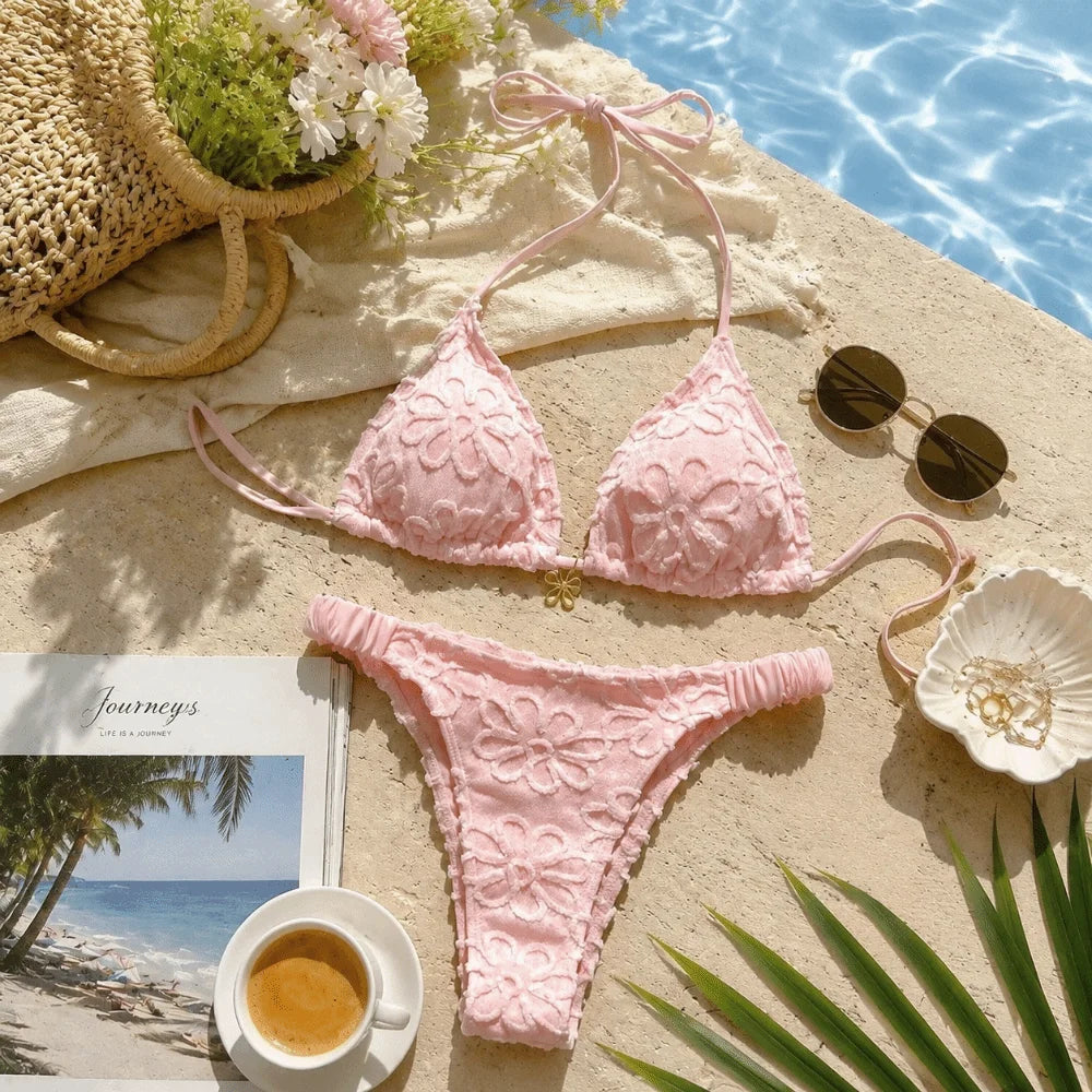 Bathing Suits Two-Piece Halter Bikini Set Flower Deep V Summer Beachwear Lace-up Elegant Women Swimsuits Holiday