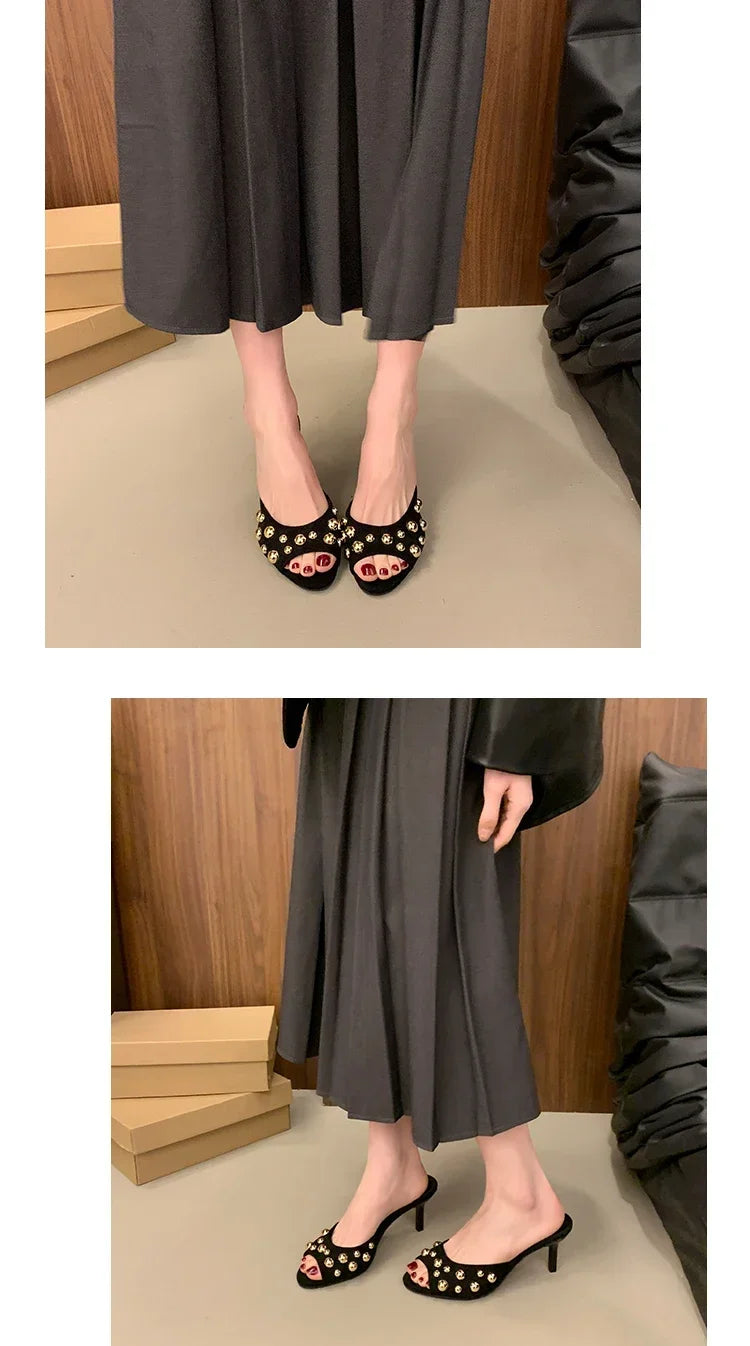 2026 Summer New Women's Shoes Black Velvet Effect Studded Backless One-foot Stiletto Sandals Women's High Heels Zapatos De Mujer