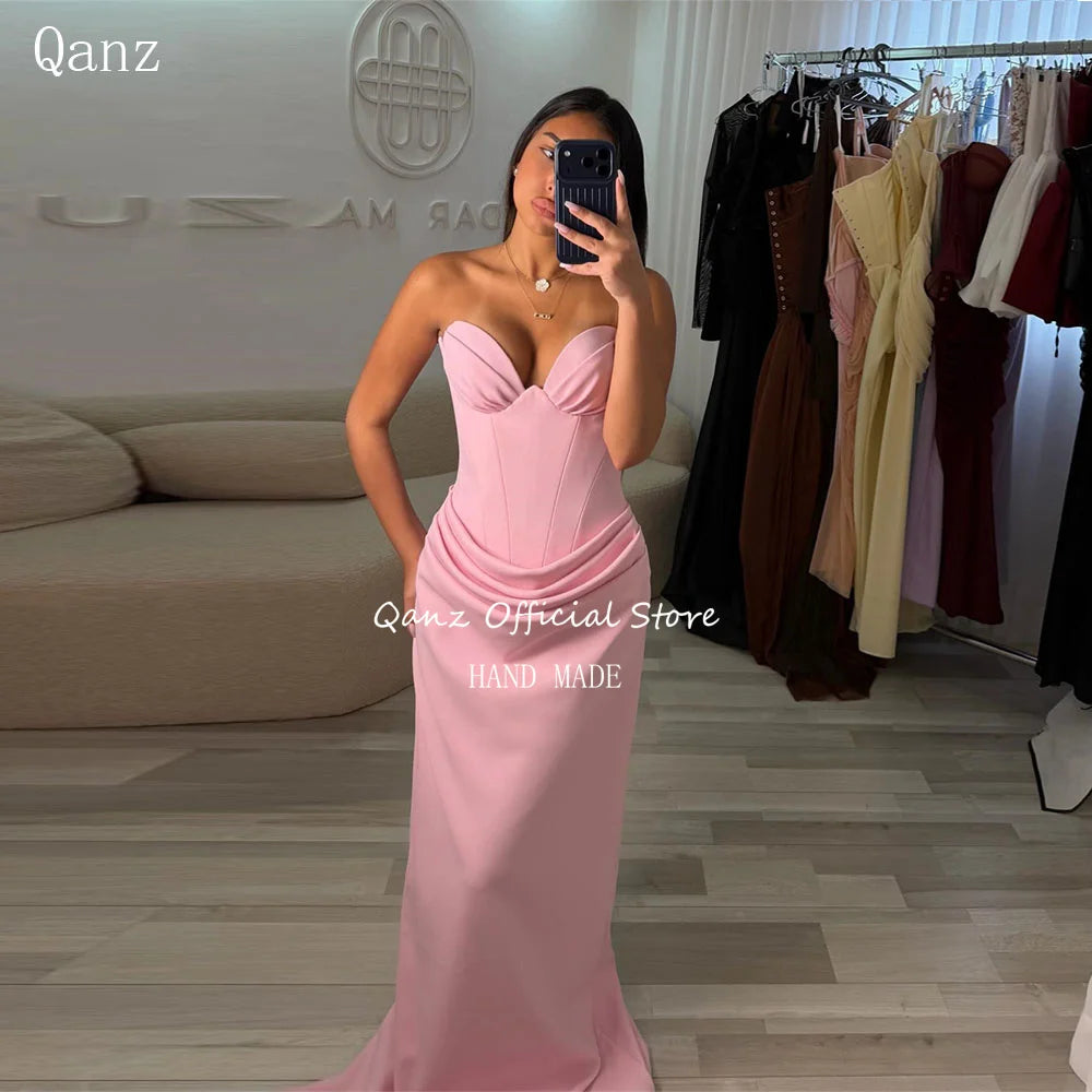 Qanz Vintage Pink Evening Dresses Women Mermaid Sweetheart Vestido Invitada Boda Detachable Shawl Vestidos De Festa Customized