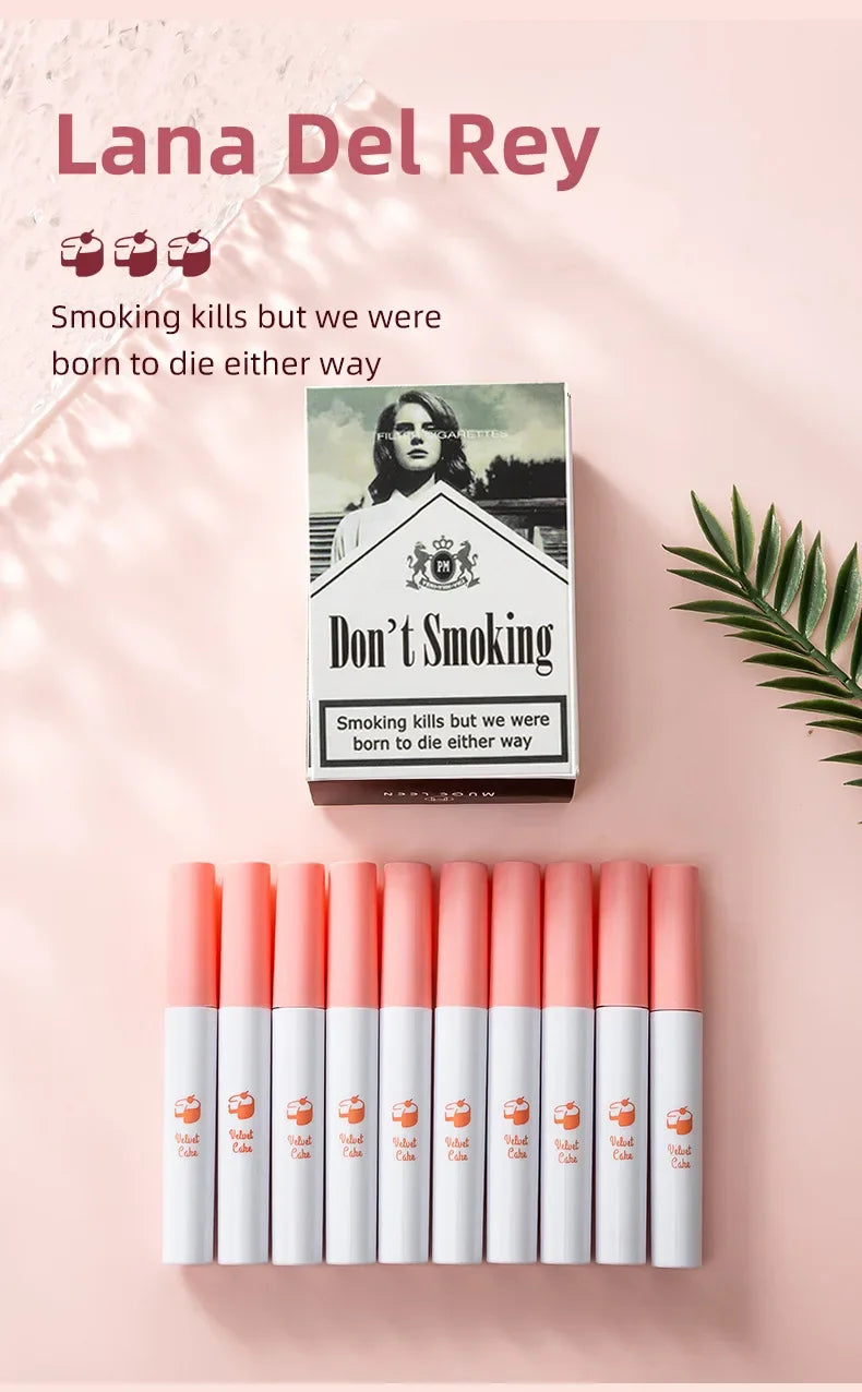 Matte Non-Stick Cup Lip Gloss 10 Sticks Cigarette Tube Lip Glaze Set Liquid Lipstick Velvet European and American Makeup