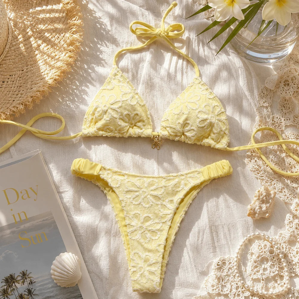 Bathing Suits Two-Piece Halter Bikini Set Deep V Low Waist Ladies' Swimwear Flower Lace-up Summer Beachwear Holiday