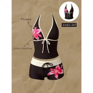 Women Beach Style Bikini Swimwears 2-Piece Tankini Suits Halter V-Neck Tie Cami Top Bodycon Contrast Waistband Swim Beachwear