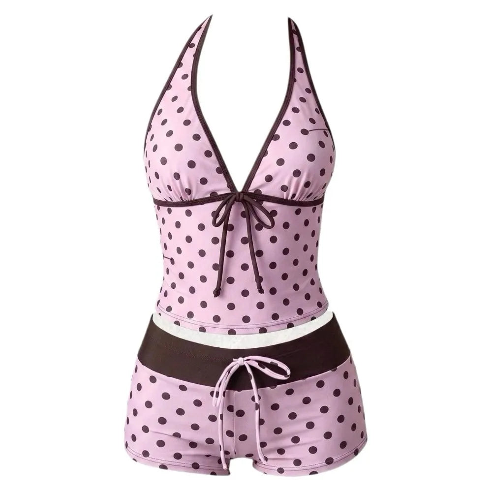 Bathing Suits Polka Dot Halter Bikini Set Low Waist Deep V Summer Beachwear Patchwork Lace-up Women Swimsuits Summer
