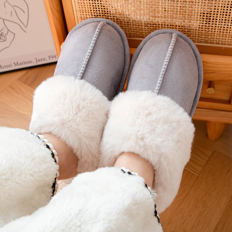 Women's Plush Warm Home Flat Shoes Soft And Comfortable Autumn Winter Cotton Shoes Indoor Plush Couple Slippers