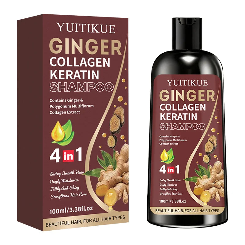 YUITIKUE 4-in-1 Ginger Collagen Keratin Shampoo 100ml with Polygonum Multiflorum for All Hair Types