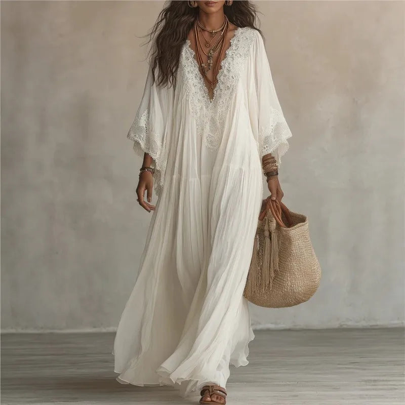 Boho Vintage Women's Summer Dress Lace Trim V Neck Flowy Maxi Dresses Women Flared Sleeve Loose Elegant Holiday Robe Vestidos