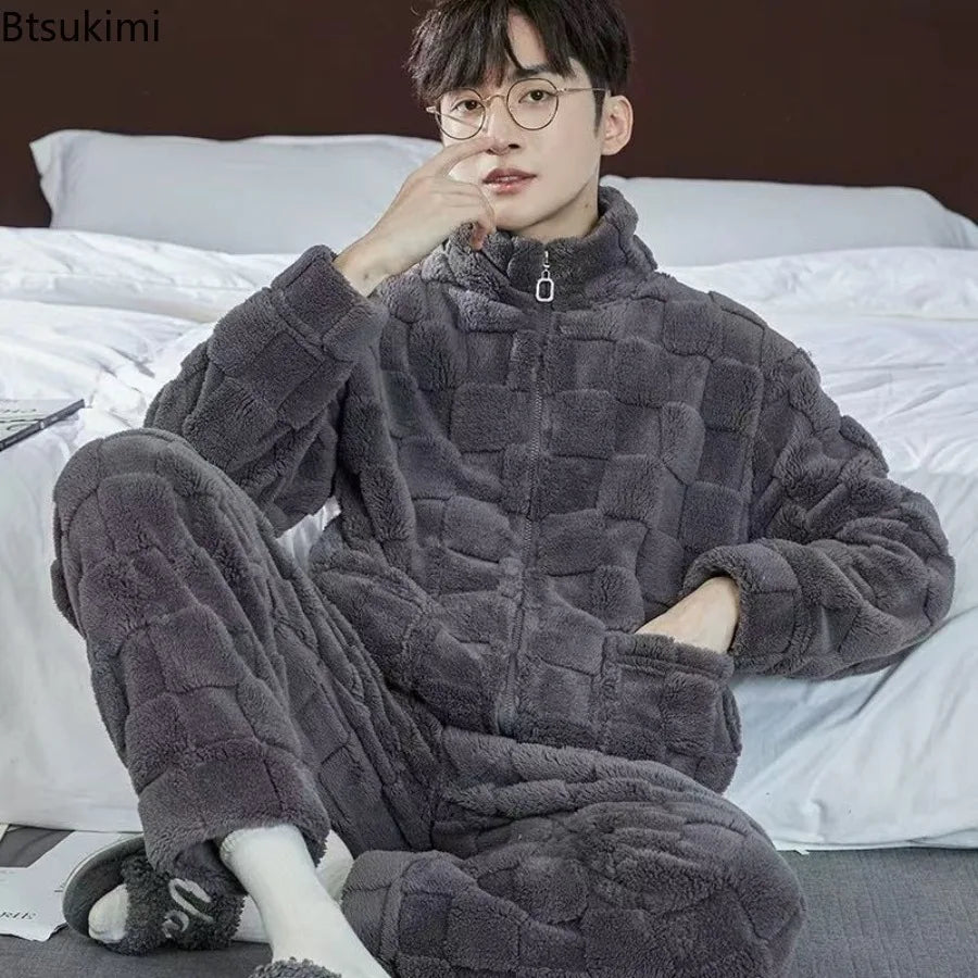 2025 Plaid Pajamas for Men Coral Fleece Sleepwear Sleeping Night Wear Zipper Pijama Two Piece Sets Autumn Winter Warm Home Suit