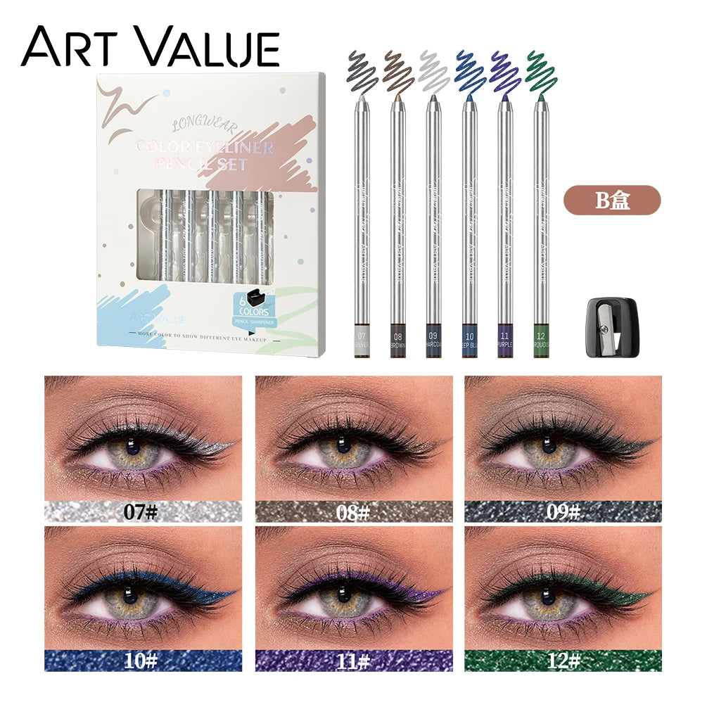 ART VALUE 6 Color Matte Eyeliner Pencil Makeup Sets Easy Coloring Sweat Proof Eyeshadow Pencil Lasting Shimmer Eyeliner Cosmetic