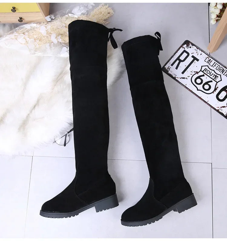 Faux Suede Female Heels Autumn Winter Elastic Knee-high Boots for Women Tube Lace-up Thigh Boots Black Botas