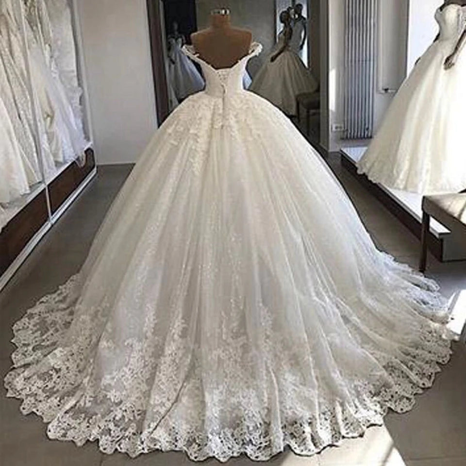 Elegant White/Ivory Off The Shoulder Ball Gown Wedding Dresses 2026 Tulle Appliques Glitter Sequins Bride Gowns Vestido De Noiva