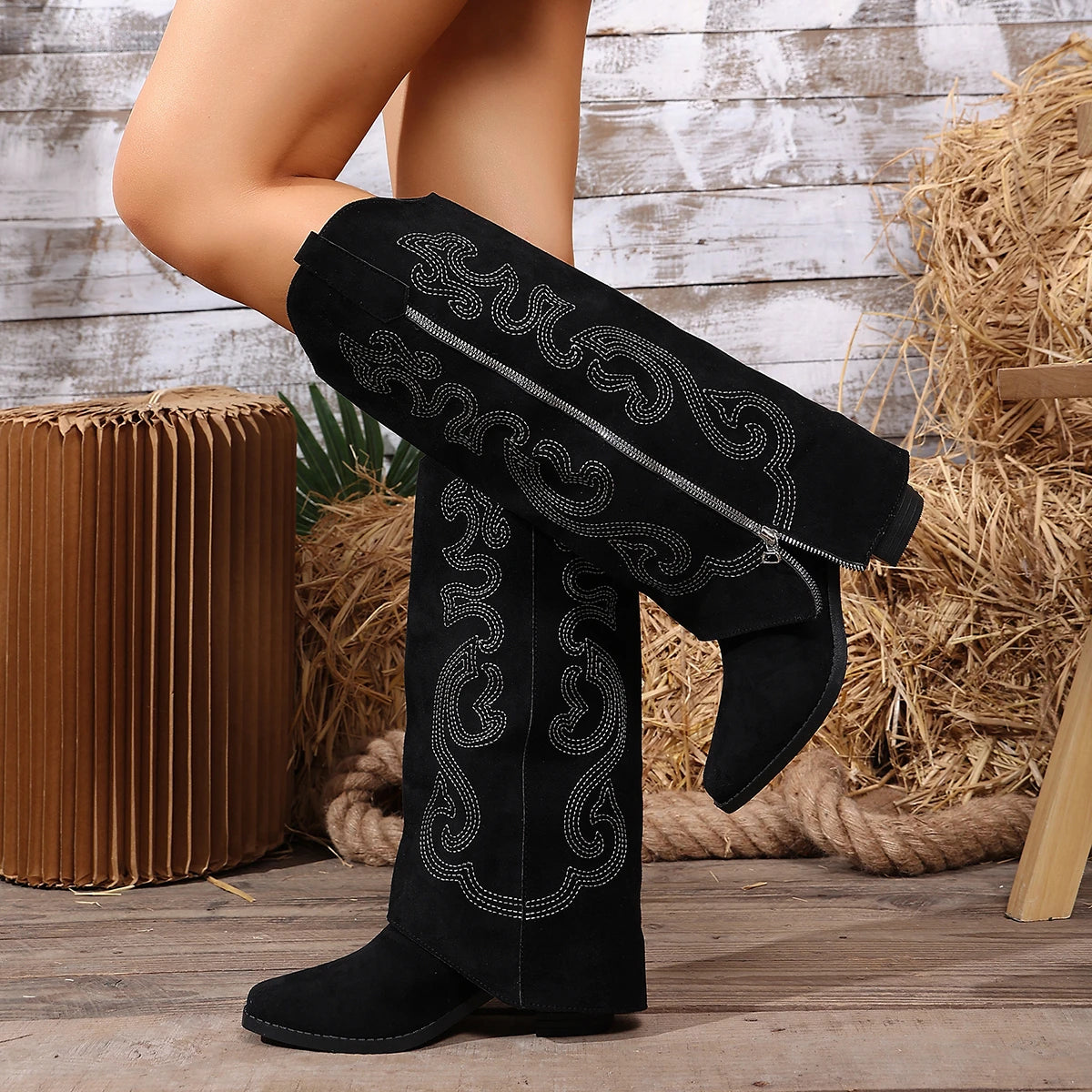 Embroidered Western Cowboy Boots for Women Autumn Pointed Toe Thick Heel High Knee Boots Woman Loose PU Leather Long Botas Mujer