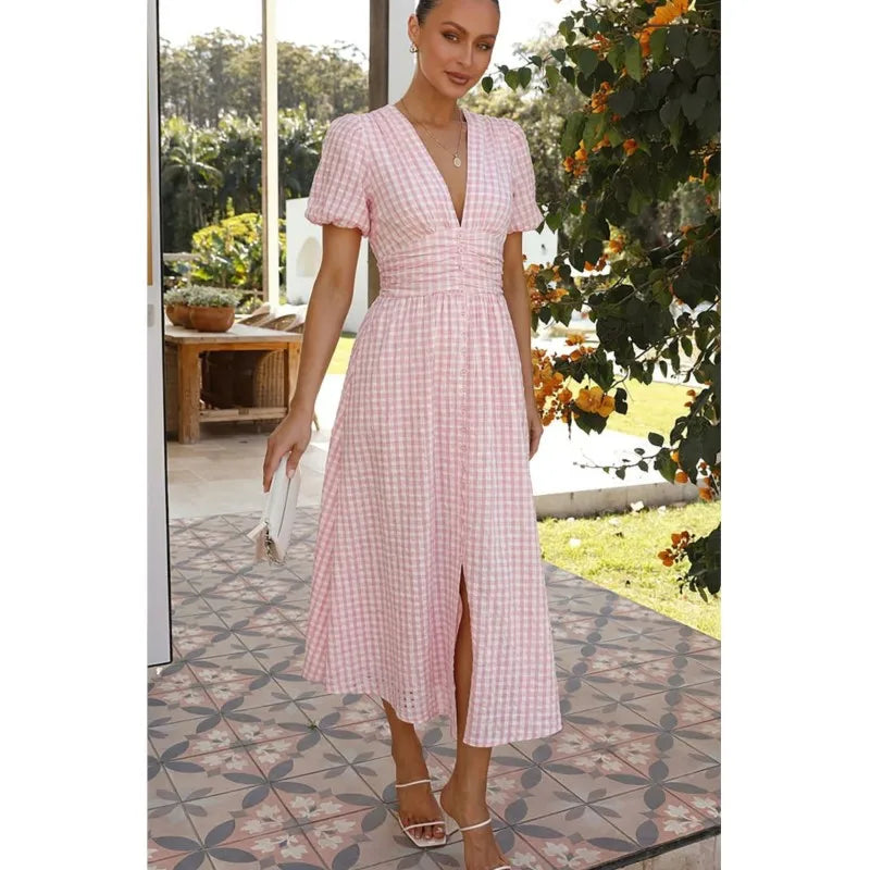Woman Summer Elegant Midi Dress Sexy Deep V-neck Puffed Sleeves Simple Style High Waist Dresses Lady Solid Color Sweet Vestidos