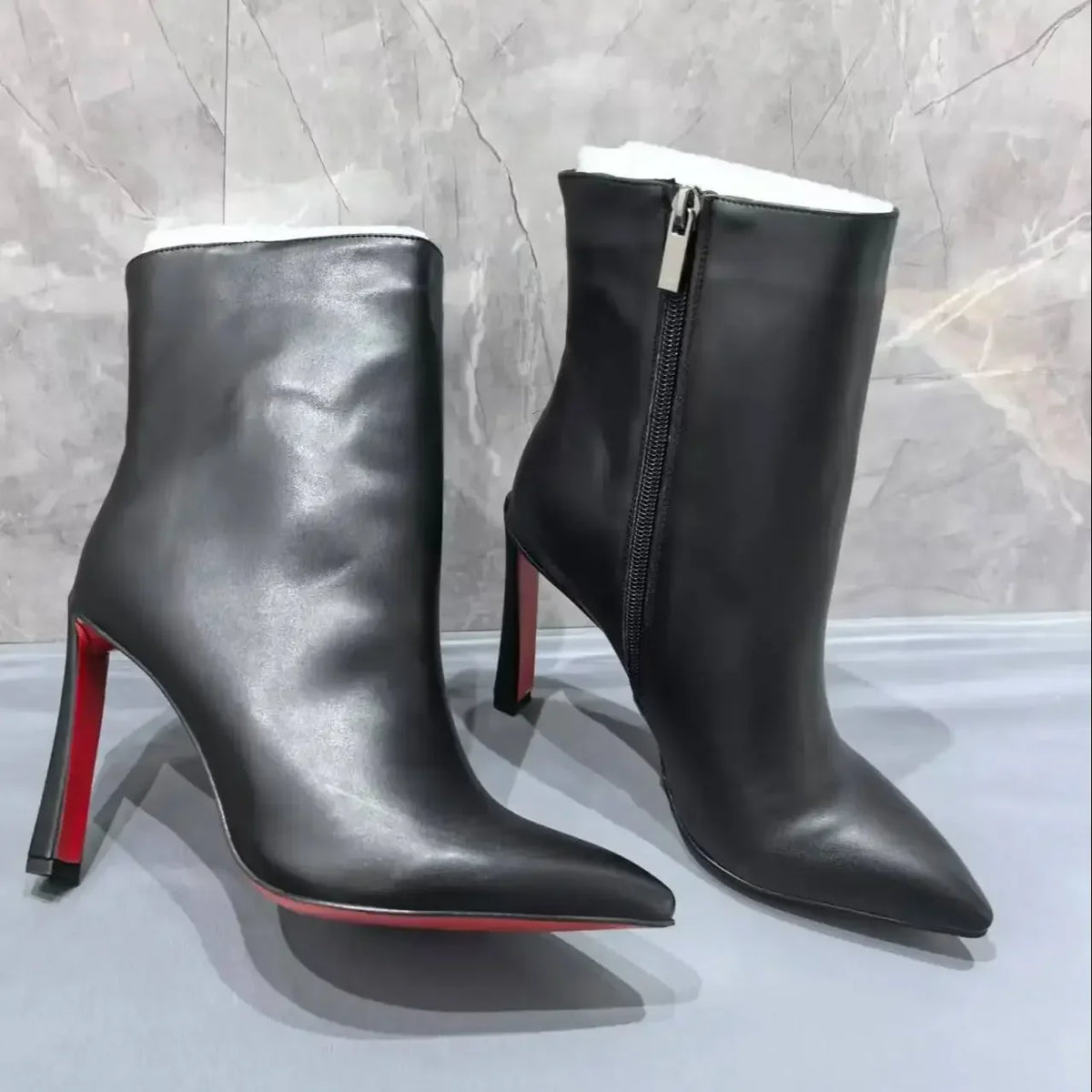 Black Leather Botas De Mujer Pointed Toe Shoes Female High Heels Red Sole Mid-Calf Boots For Women Office Lady Banquet Elegant