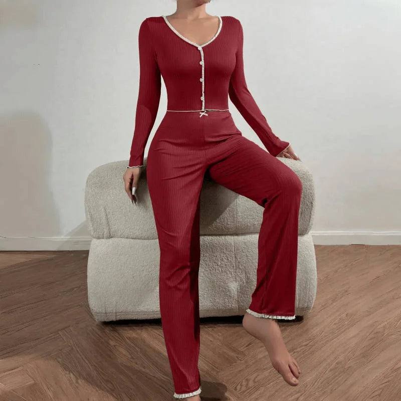 2 Pieces Pajamas Set Women Autumn Winter Sleepwear Long Sleeves T-shirt tops Trousers Female Knit Fabric Pijamas Loungewear