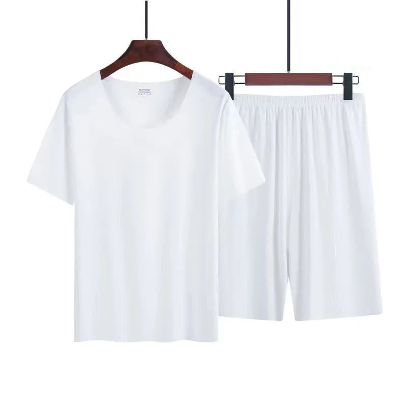 Men's Two-Piece Ice Silk Pajamas Men's Summer Thin Modal Short-Sleeved Pajamas Homewear Men's Large Size Pajamas Homewear Set