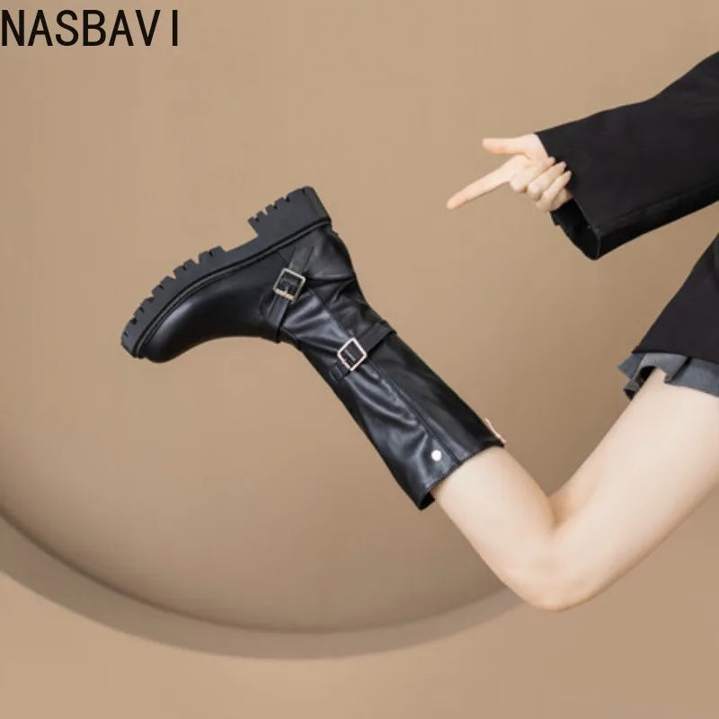 NASBAVI Botas De Mujer 2025 New Thick High Heels Black Knee- High Boots Women Autumn Winter Platform Gothic Shoes Big Size 34-44