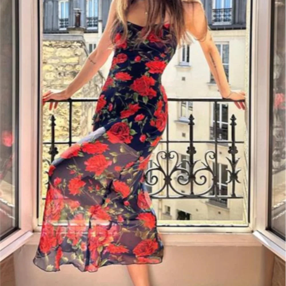Party Dresses For Woman Sexy Bodycon Floral Print Sleeveless Evening Dress Package Hip Contrast Vestidos Temperament Trendy Slim