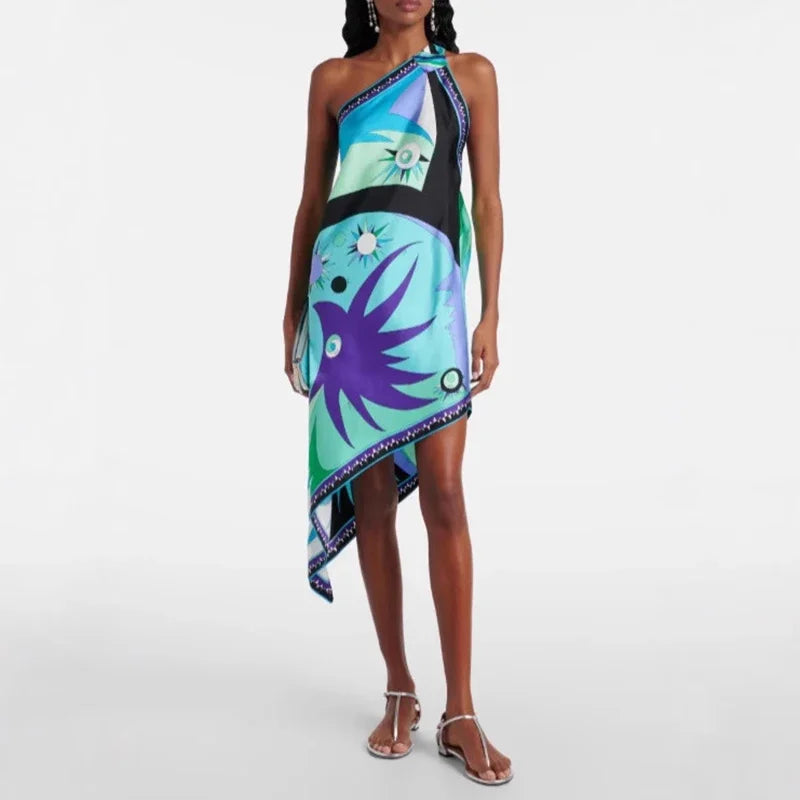 Vestidos Mujer Sexy One-shoulder Straps Dress Woman Spring Print Irregular Satin Dress Summer Skew Collar Vacation Beach Dresses