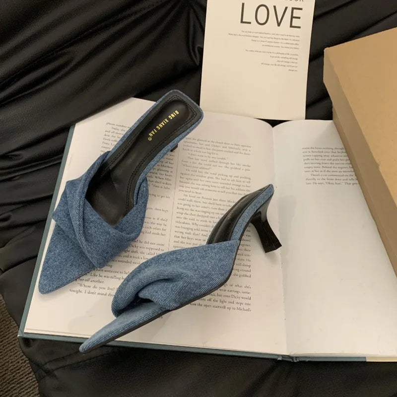 New Summer Women's Shallow Pointed Toe Thin High Heels Women Slippers Wedding Sandals Fashion Mule Slides Shoes Zapatos Mujer