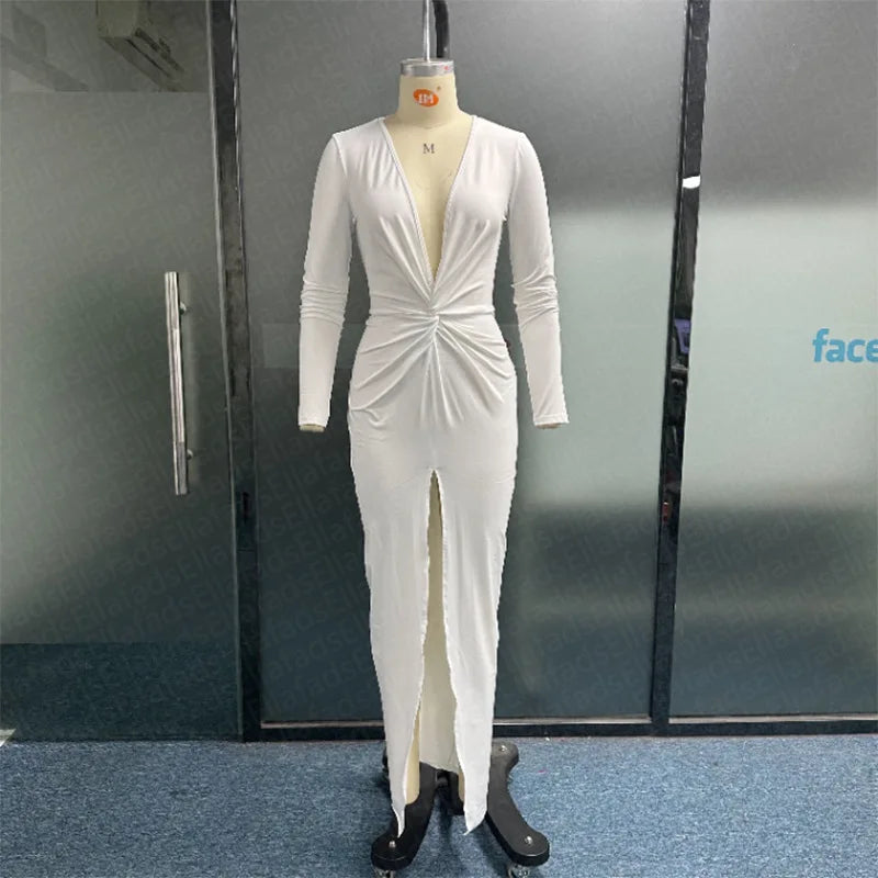 2026 Sexy Bodycon Dresses for Women Slim Fit Deep V-neck Party Prom Evening Party Club Dress Hem Split Outfits Evening Vestidos