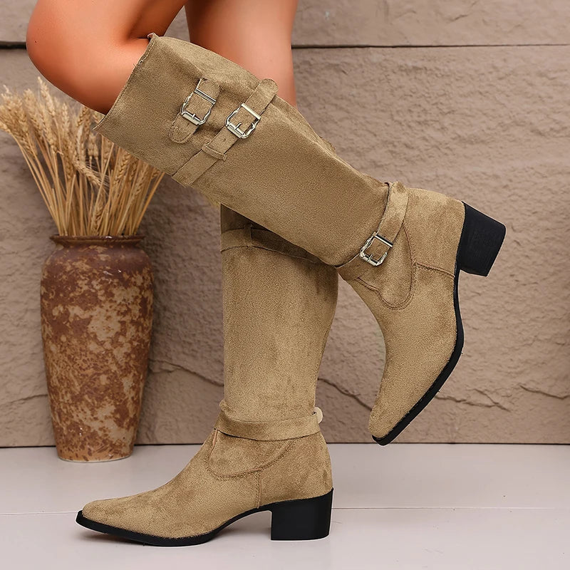 Fashion Faux Suede Knee High Boots Women 2026 Autumn Pointed Toe High Heel Western Boots Woman Chunky Heeled Cowboy Long Botas