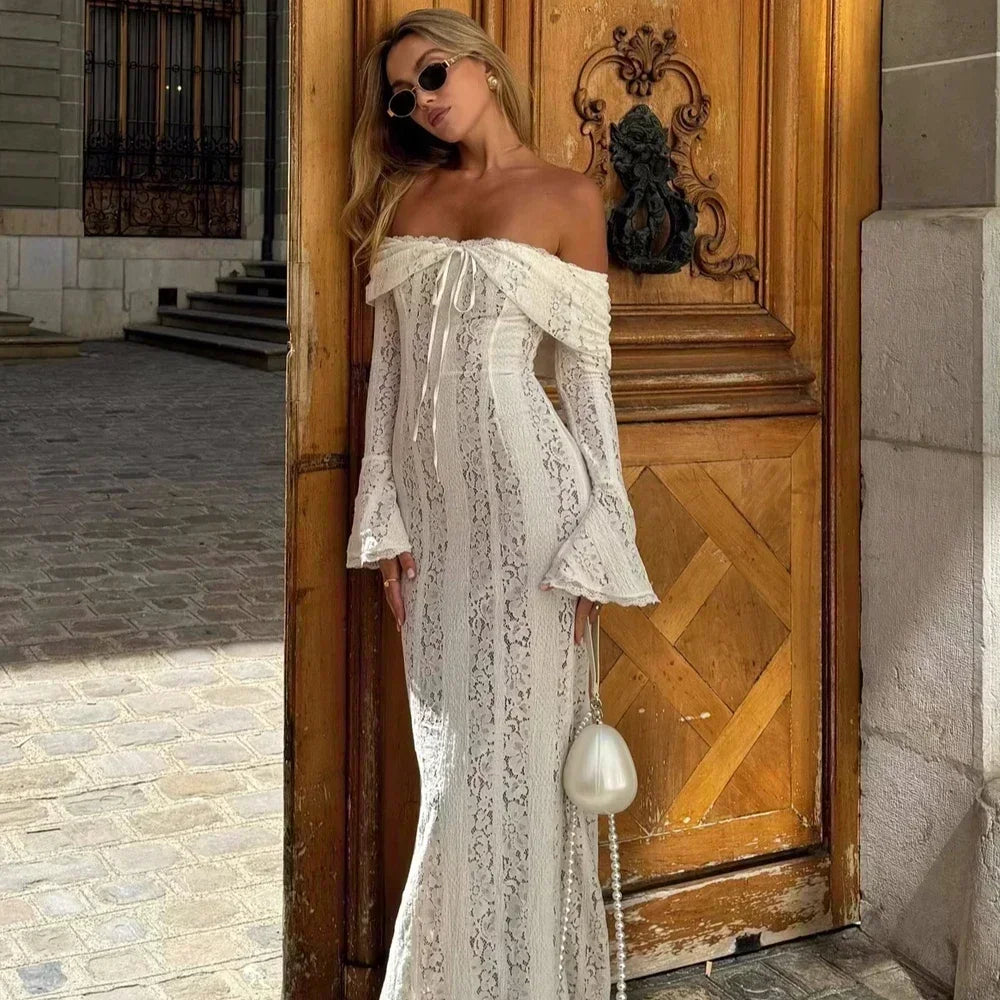 White Evening Dresses for Events Red Long Sleeve Lace Elegant Party Dresses 2026 Women Luxury Wedding Prom Dress Gown