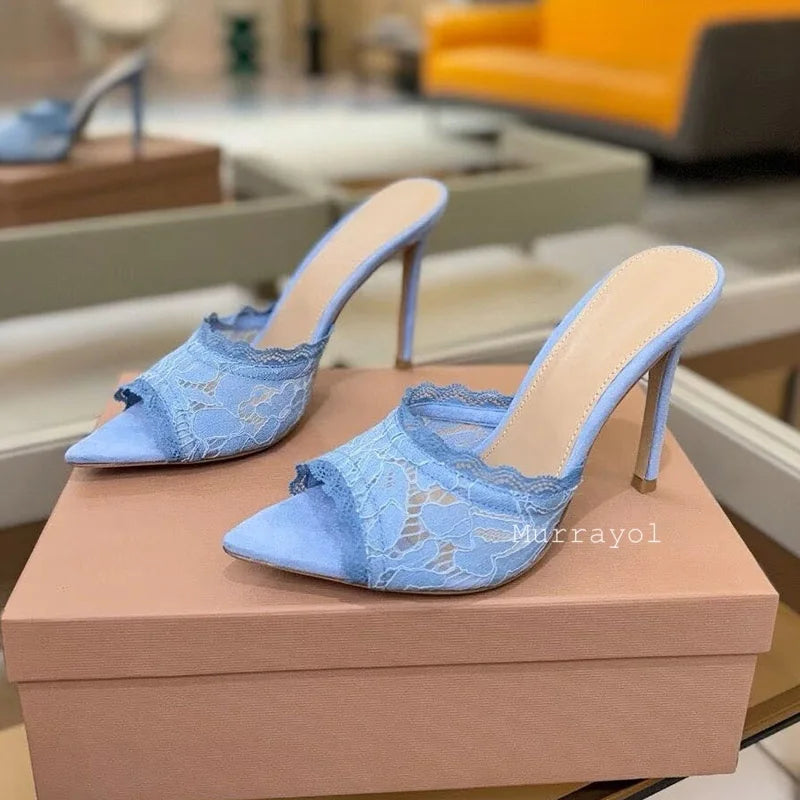 Slippers Women Mesh Gauze Pointed Toe Thin High Heels Sandals Summer Party Dress Sandalias Ladies Lace Stiletto Zapatos De Mujer