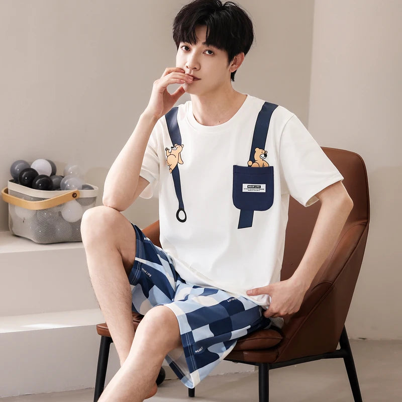 Summer Couple Pajama Set 100% Short Sleeve Pyjamas Men and Women Casual Pijama