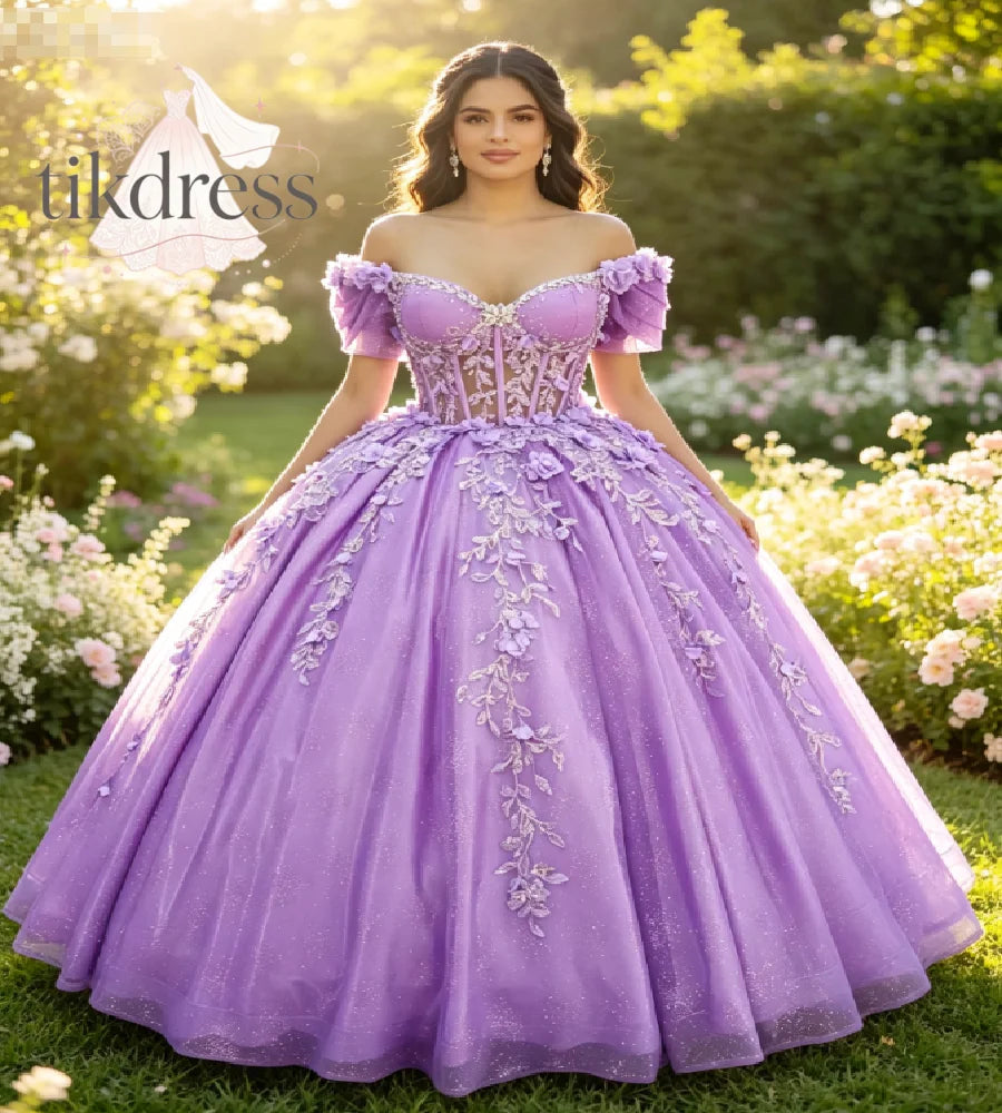Lavender Vestidos De 15 Quinceañera Off Shoulder 3D Floral Ball Gown 2 In 1 Short  Vestidos De 15 Años Xv Sweet 16 Party Sparkly