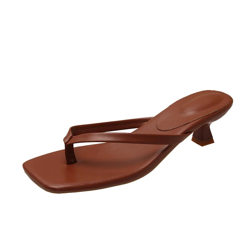 Fashion Round Toe Ladies Thin Heel Slippers Flip Flops Sandals Shoes Shallow Women Medium Heels Slippers Female Slides Pumps