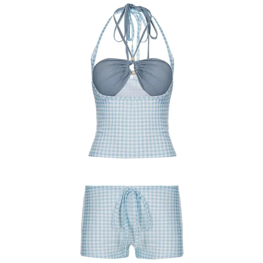 Women Summer Plaid Block Outfit Unique Design Halter Tie Crop Top Drawstring Short Two Piece Beach Vacation Casual Matching Set