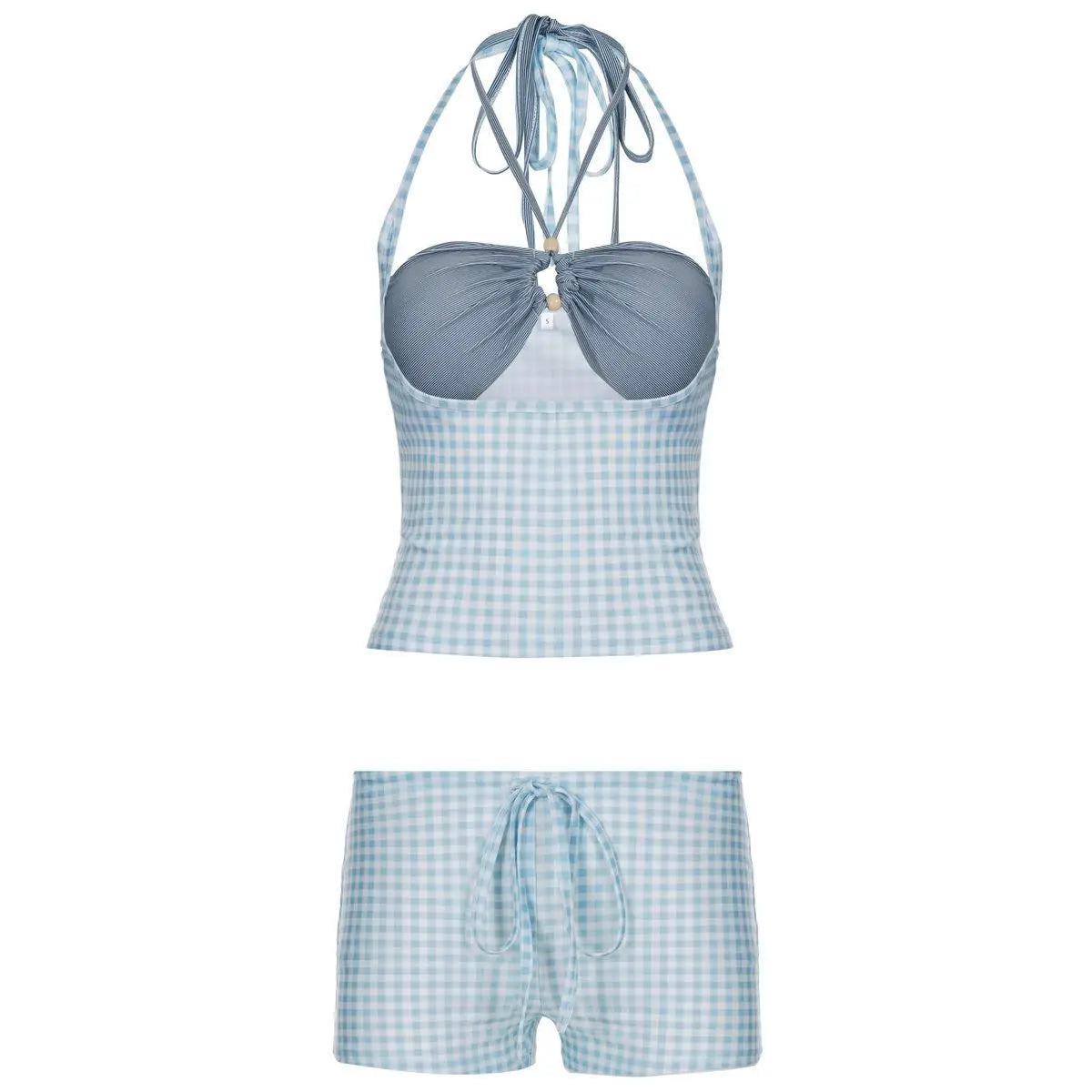 Women Summer Plaid Block Outfit Unique Design Halter Tie Crop Top Drawstring Short Two Piece Beach Vacation Casual Matching Set