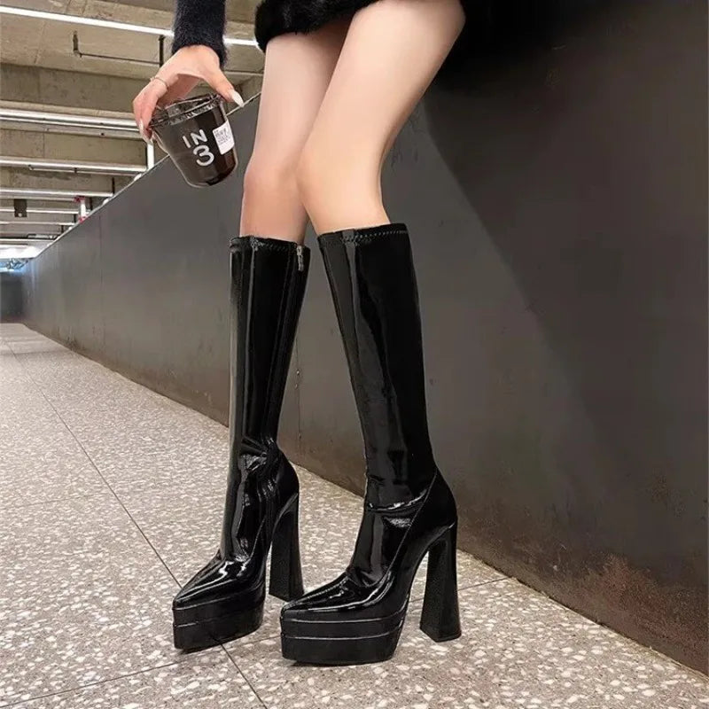 Super High Heels Knee High Boots for Women Autumn Winter Sexy Platform Pointed Toe Gothic Women Shoes Solid Leather Long Botas