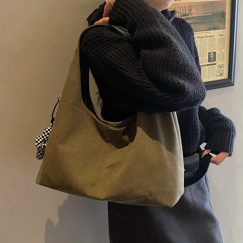 High Quality Big Tote Bags For Women Canvas Fabric Solid Color Large Capacity Underarm Shopper Shoulder Hobo Bag With Pendant