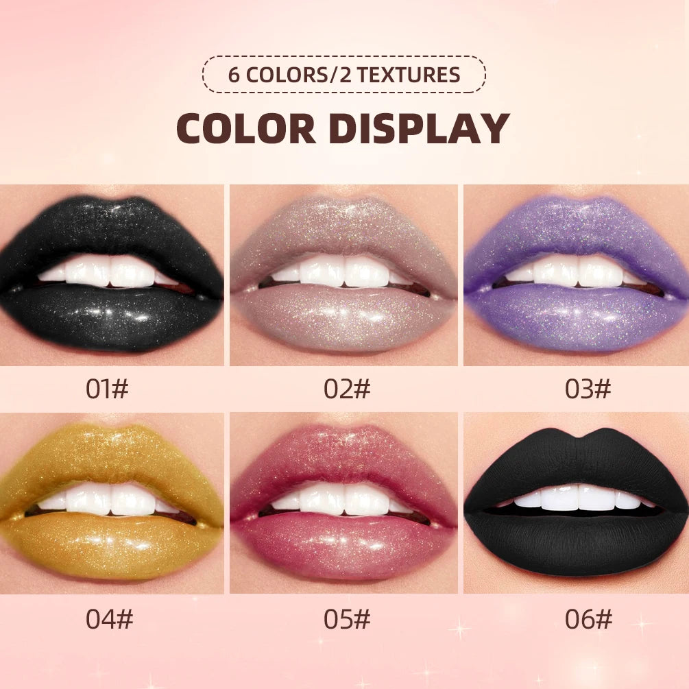 QIBEST Glitter Pearlescent Lipgloss Moisturizing Lasting Non-Stick Cup Shimmer Shiny Liquid Lipsticks Black Purple Lip Tint