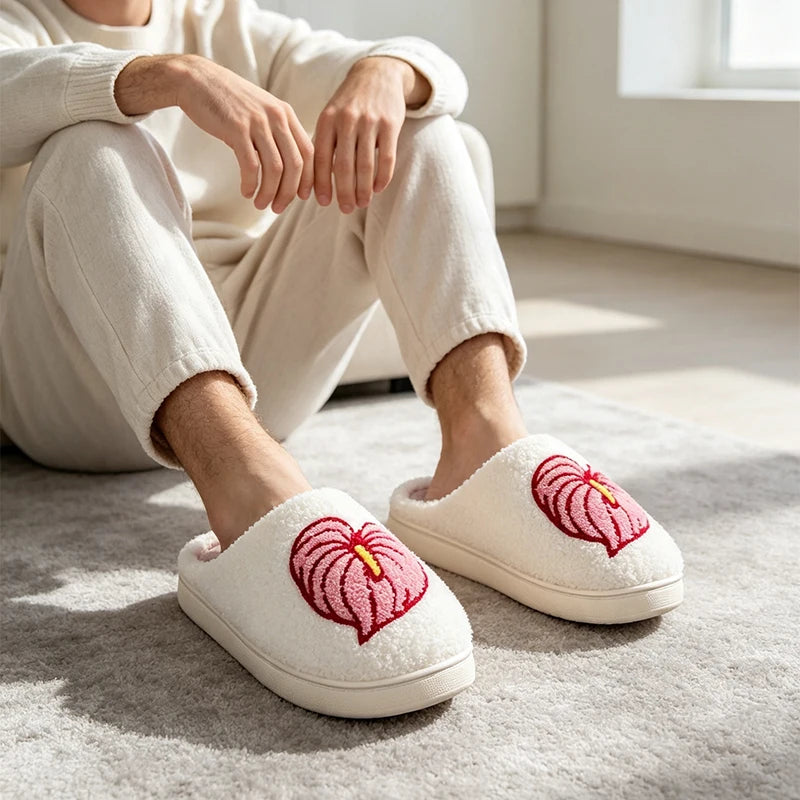 Women Fuzzy Embroidery Slippers Floral Non-Slip Indoor Winter Warm Plush House Shoes Soft Cozy Home Bedroom Footwear slippers