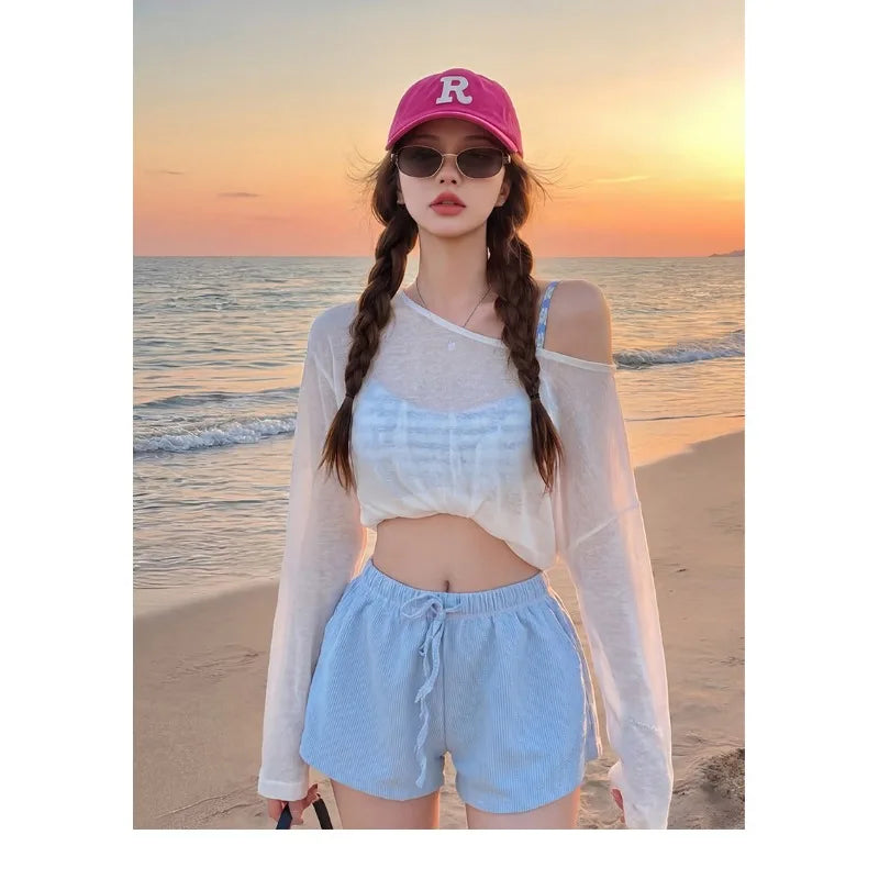 Women's 3-Piece Beach Outfit Sheer Long Sleeve Cover Up with Cami Top and Shorts, Casual Vacation Swimsuit Coverup Set
