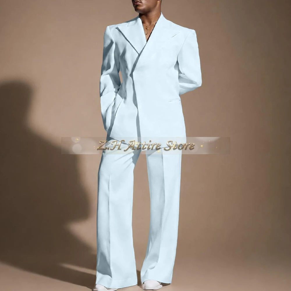 White Wedding Suit for Men 2-piece Set Double Breasted Jacket Wide Leg Pants Custom Slim Fit Prom Party Male Tuxedo
