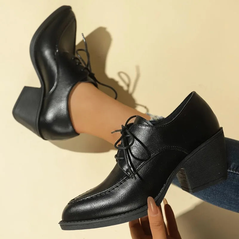 Coarse Heel Shoes Spring New Pointed Head Deep Mouth Front Lacing Set Foot Anti-slip Wear-resistant Heel Shoes
