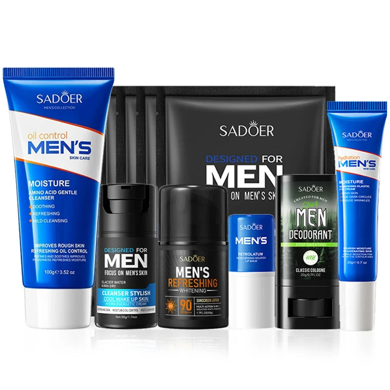 SADOER Men's Skin Care Sets Moisturizing Face Cream Facial Mask Lip Balm Sunscreen Facial Cleanser Eye Cream Men Skin Care Kit