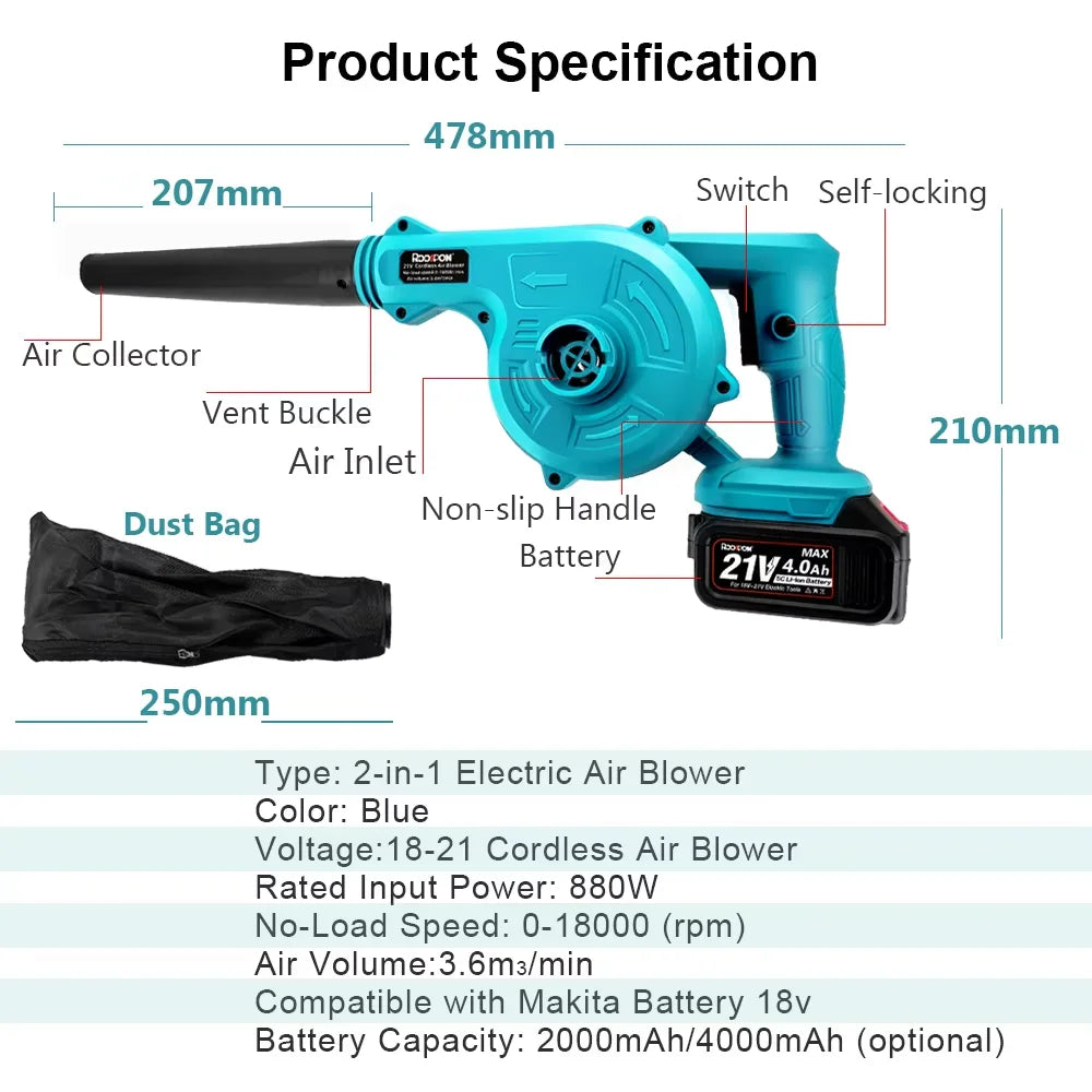 2 in 1 Cordless Electric Blower Vacuum Cleaner Blower Suction Leaf Blower Dust Cleaner Power Tool Power Tool Suitable for Makita