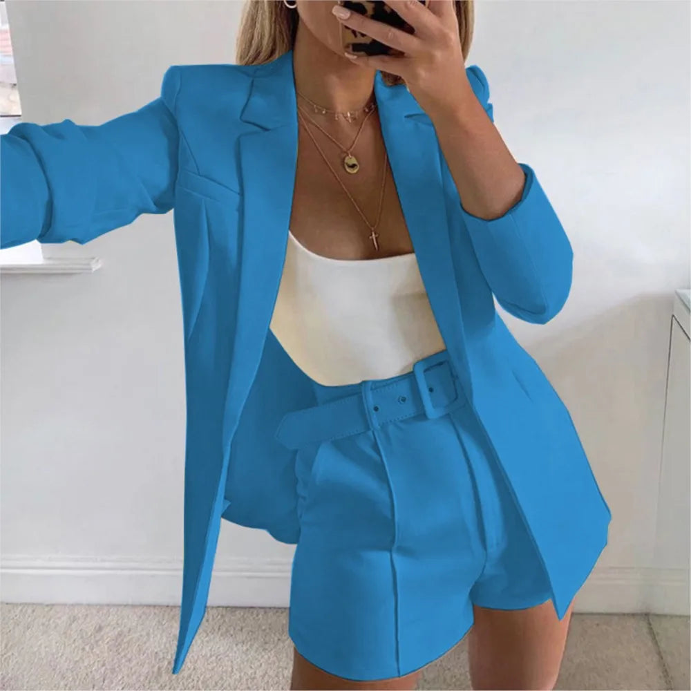 Women's Fashion Suit Two-piece Sets Lapel Long Sleeve Cardigan Top+Shorts 2025 Spring And Autumn Sexy Suit Casual Office Ladies