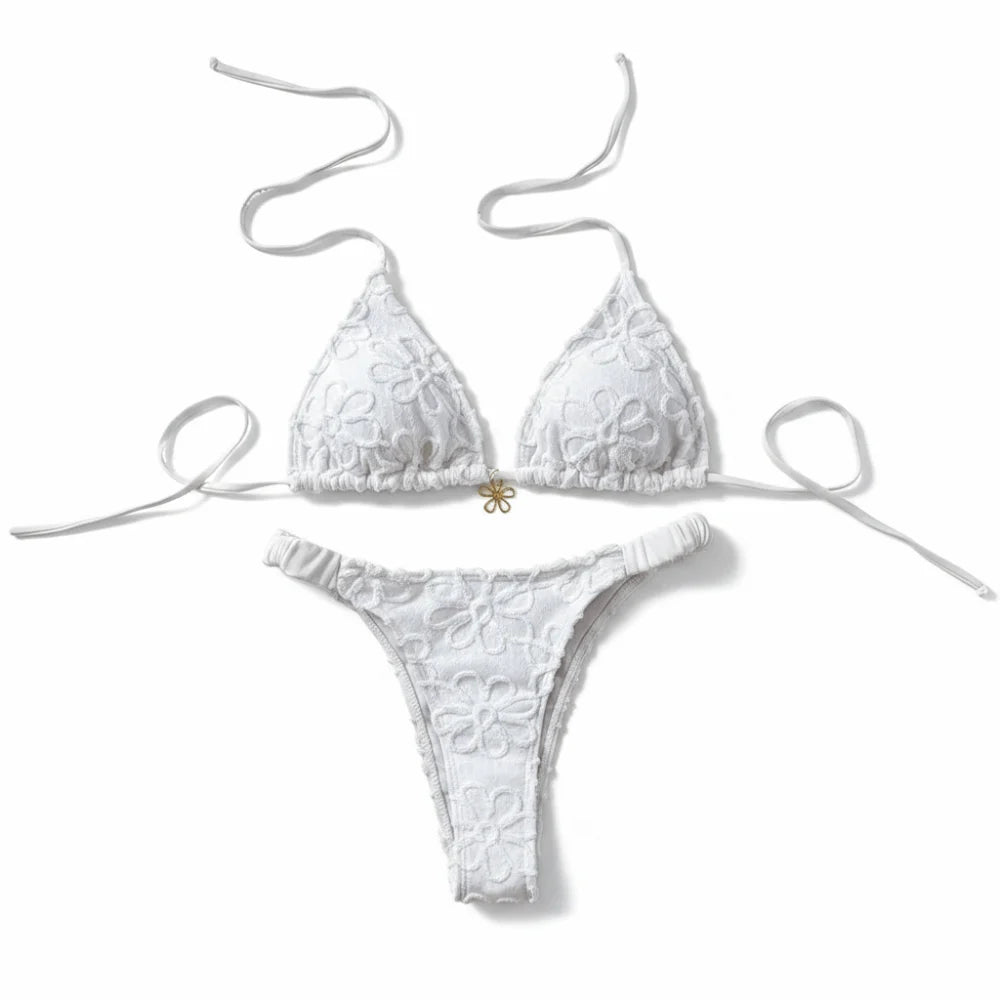 Bathing Suits Two-Piece Halter Bikini Set Flower Deep V Summer Beachwear Lace-up Elegant Women Swimsuits Holiday