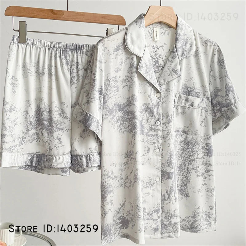 New Women Pijamas Silky Satin 2PCS Pajamas Set Sleepwear Spring Autumn Trouser Lounge Wear Loose Casual Female Homewear Lingerie